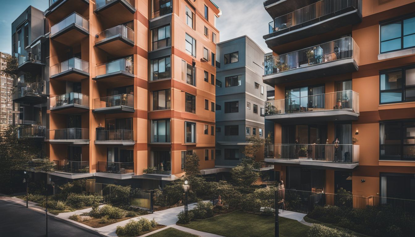 An apartment complex with diverse residents in a bustling cityscape.