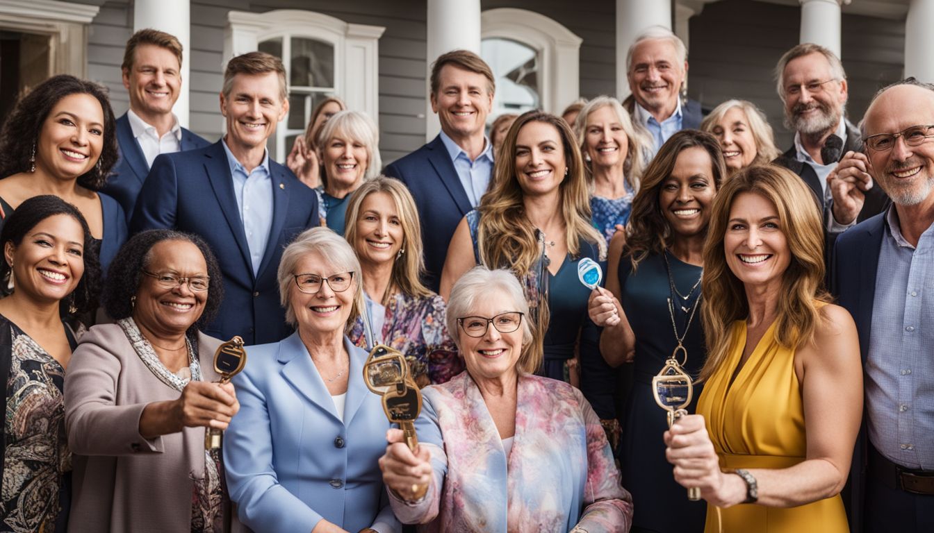 A diverse group of people receiving keys to new government-assisted homes.