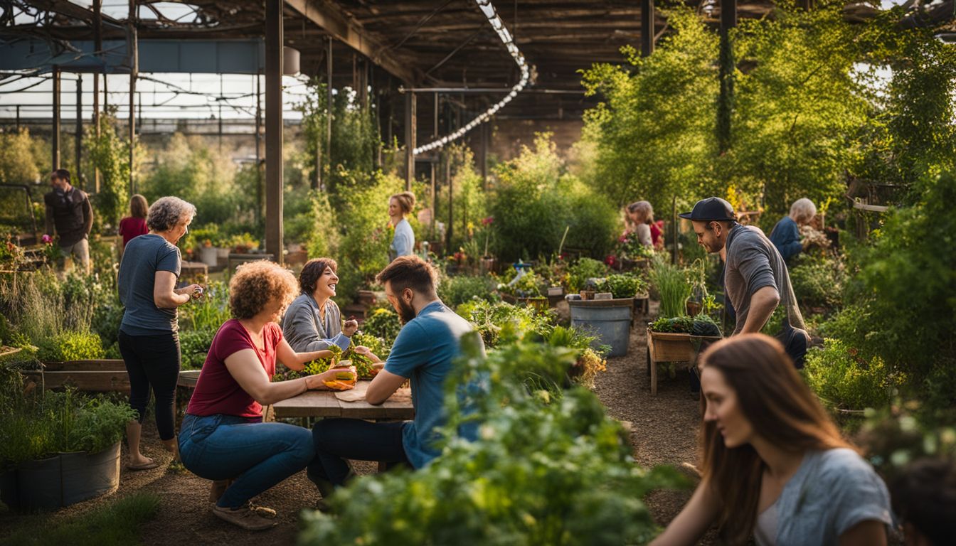 A diverse group of people enjoy a community garden in a reused building.