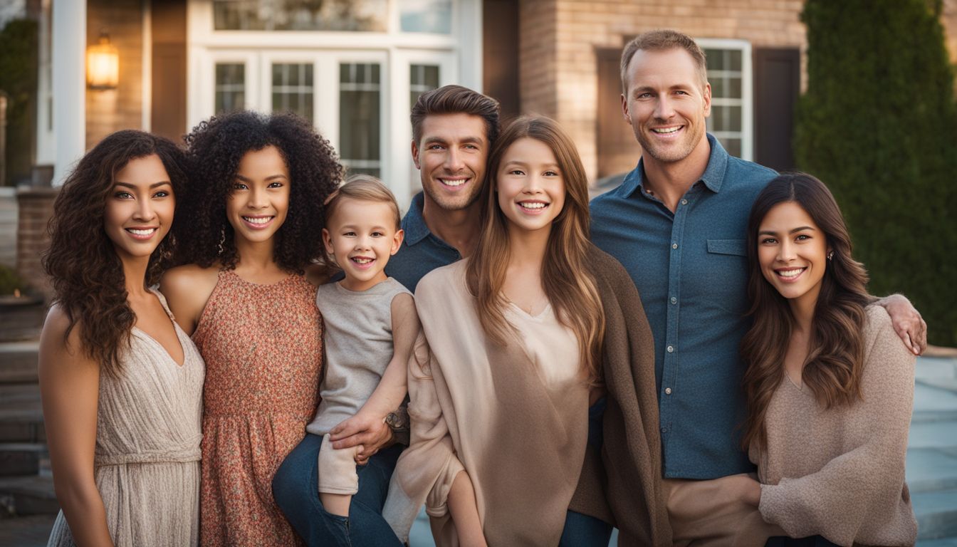 A diverse family standing in front of a suburban home.