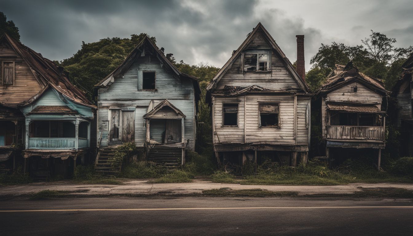 Abandoned houses with sold signs in a bustling cityscape photography.