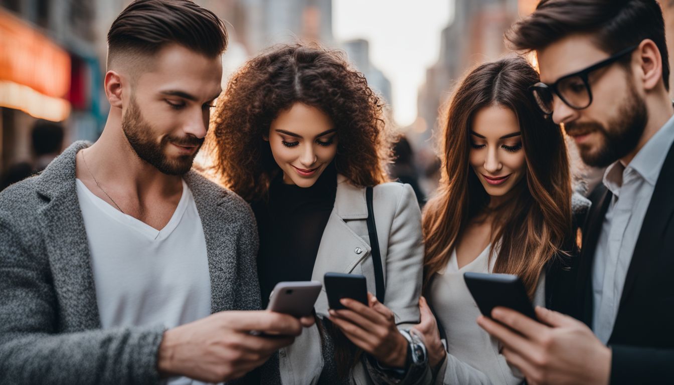 Diverse group of people in urban cityscape looking at real estate listings on smartphones.