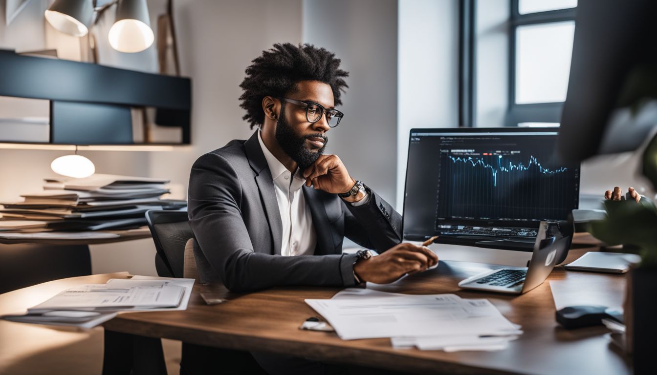 A person working at a desk surrounded by financial documents and technology.