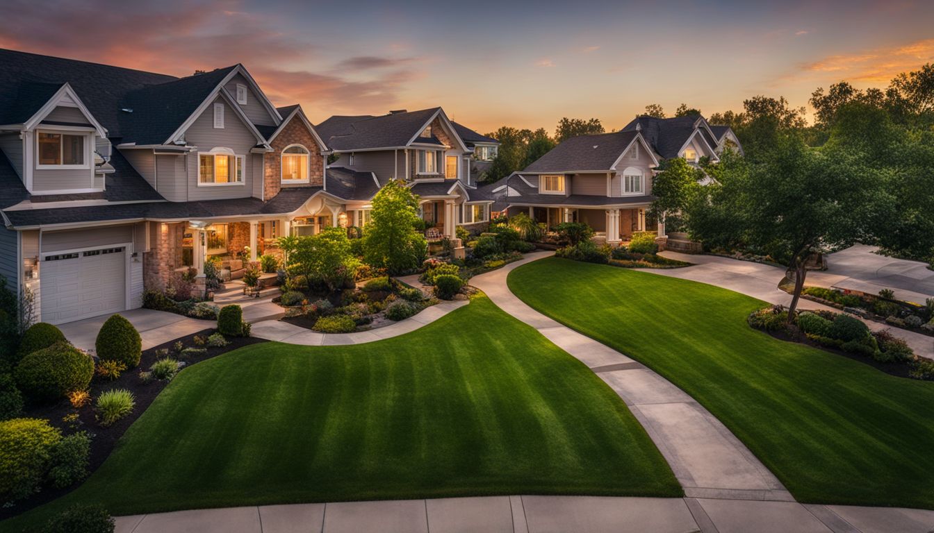 A picturesque suburban neighborhood with well-maintained houses and manicured lawns.