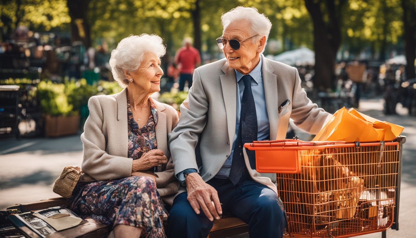 Elderly couple with their belongings on a park bench in the city.