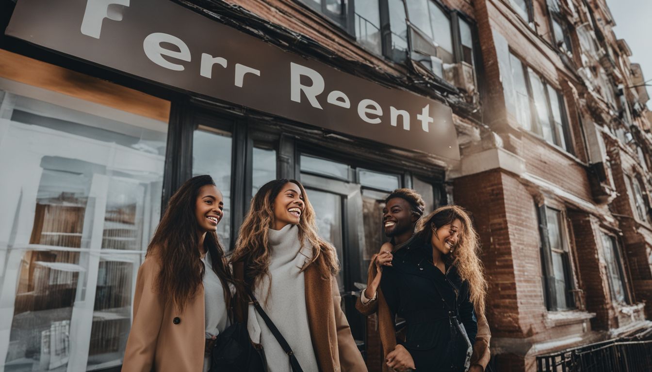 A diverse group of people happily moving into an apartment building.