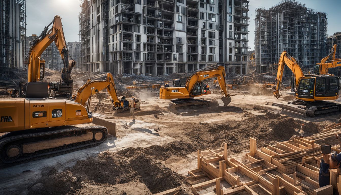 A construction site with workers building a new housing development.