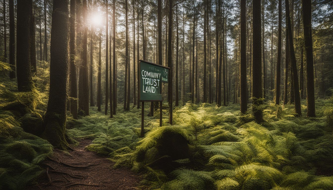 A forest with a sign for a Community Land Trust.