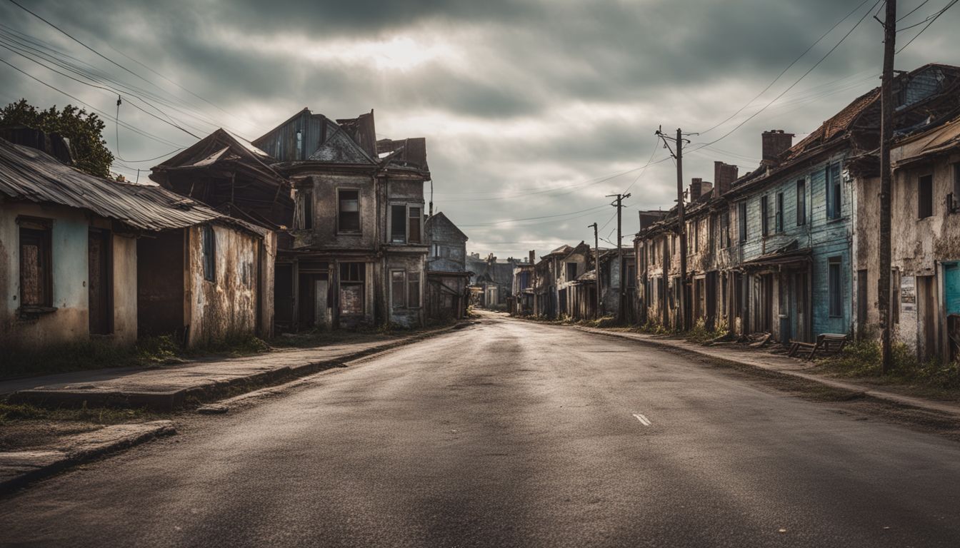 An urban street with dilapidated houses for sale and diverse people.