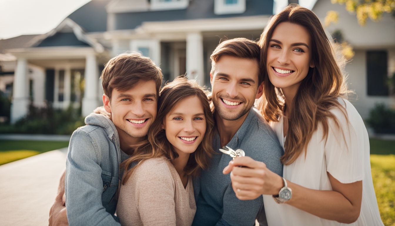 A diverse family celebrates in front of their new home.