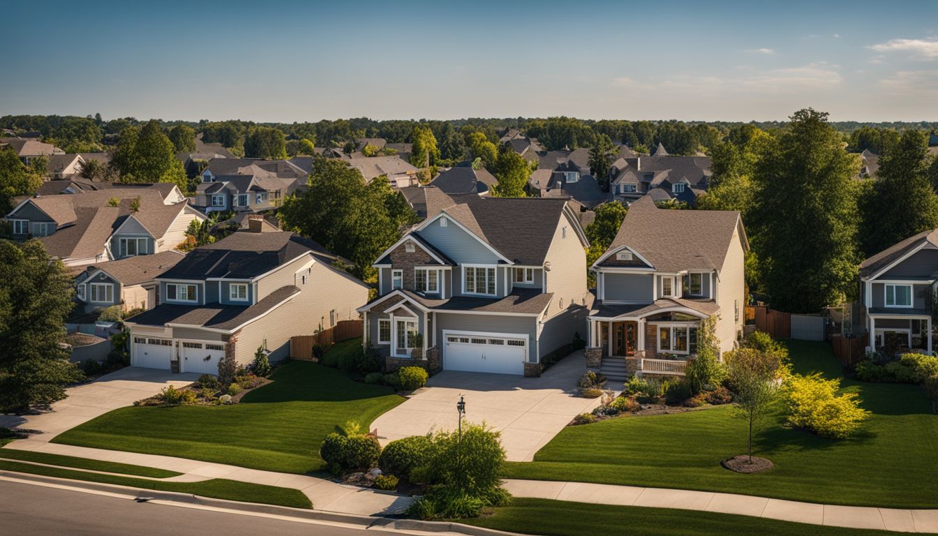 A suburban neighborhood with houses for sale in a bustling atmosphere.