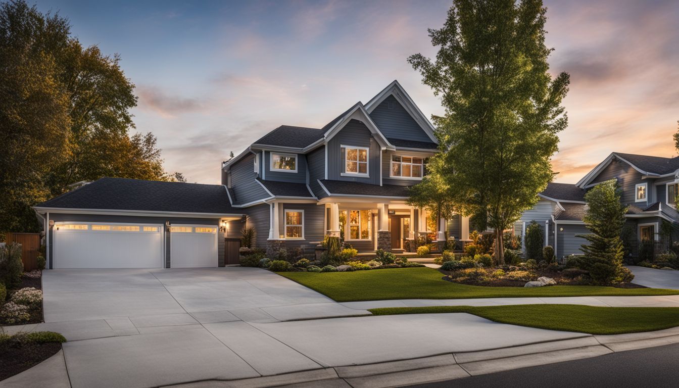 A photo of a suburban house with a for sale sign.