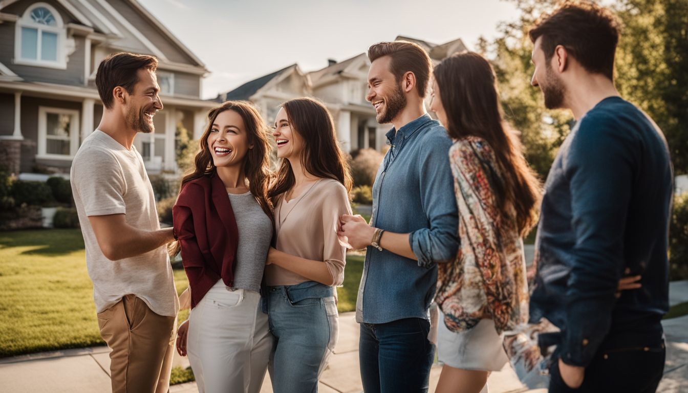 A diverse group discusses rent-to-own programs in front of a suburban house.