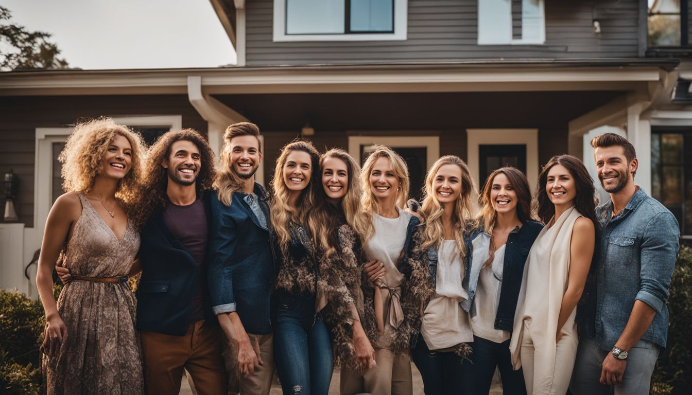 A diverse group of people happily posing outside their new rental home.