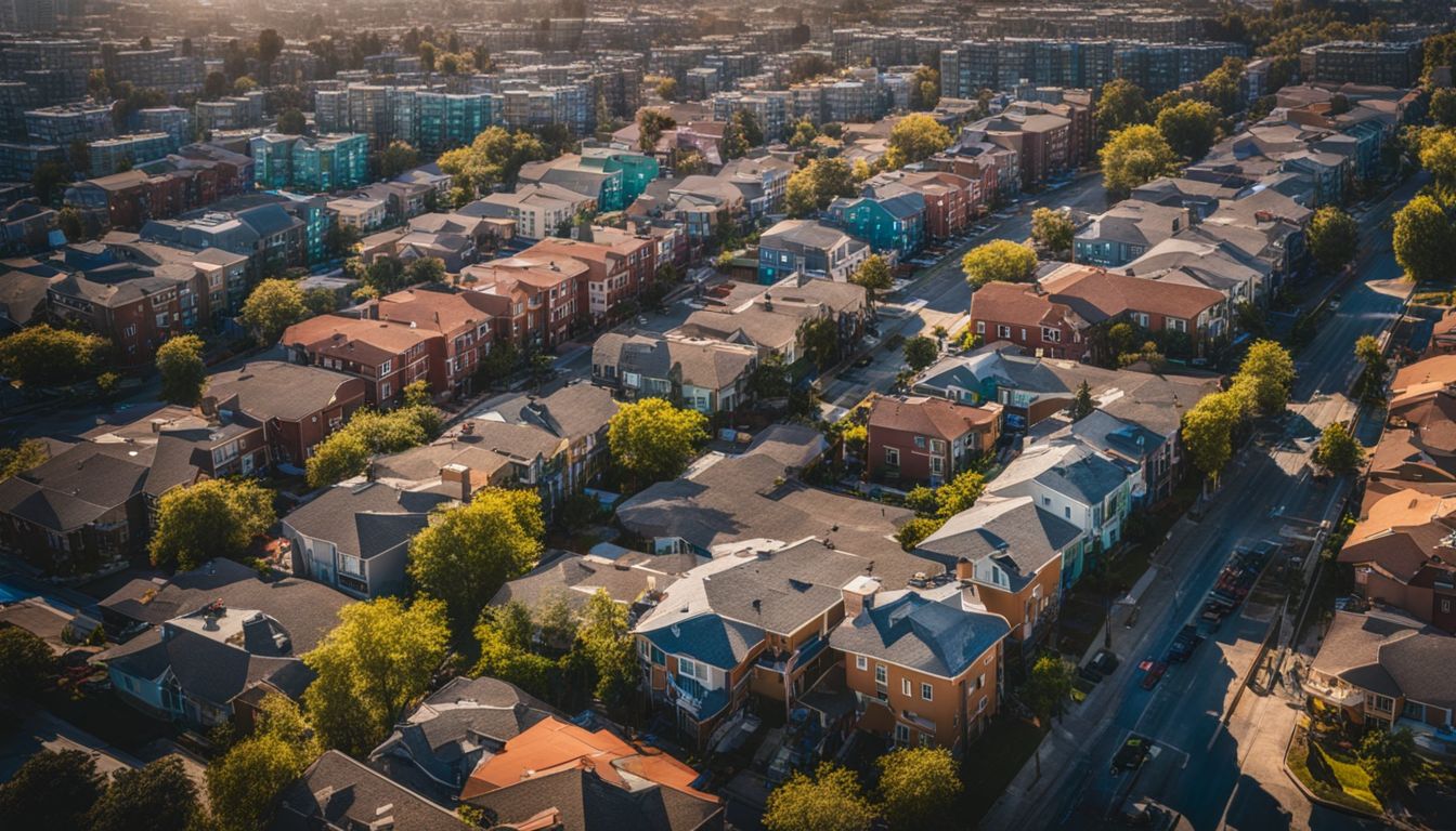 An urban landscape showcasing collaborative efforts to address the housing crisis.