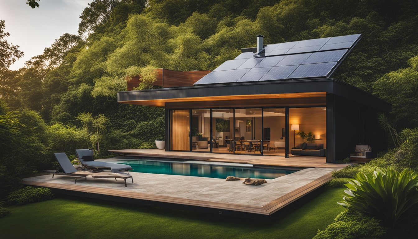 A sustainable house with solar panels surrounded by a lush garden.