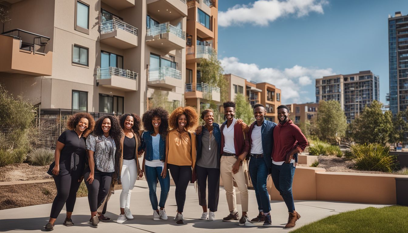 A diverse group smiles in front of a well-maintained affordable housing.