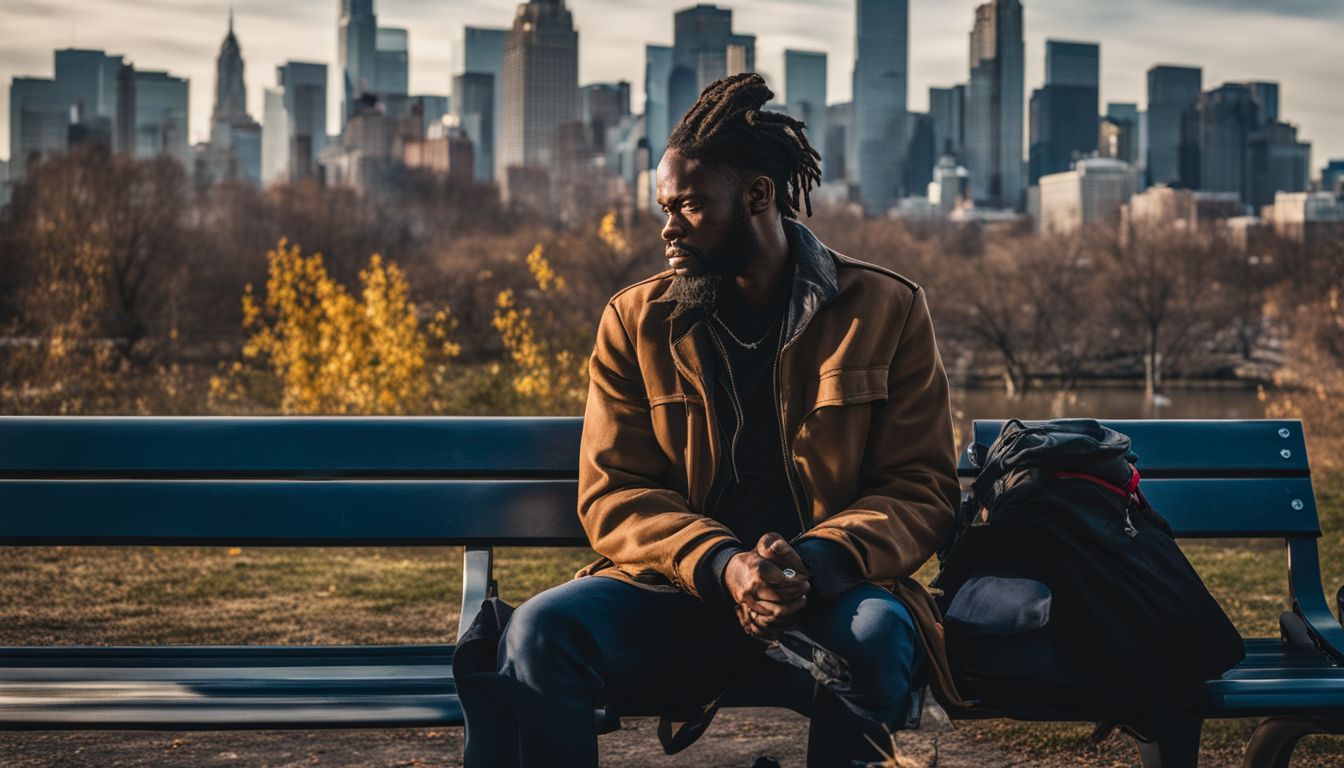 A homeless person sitting on a park bench with a city skyline in the background.