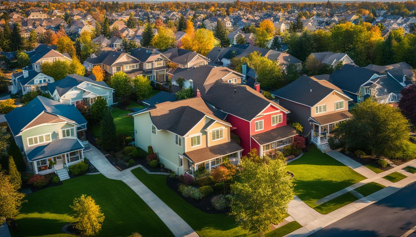 A vibrant suburban neighborhood with diverse homes and manicured lawns.