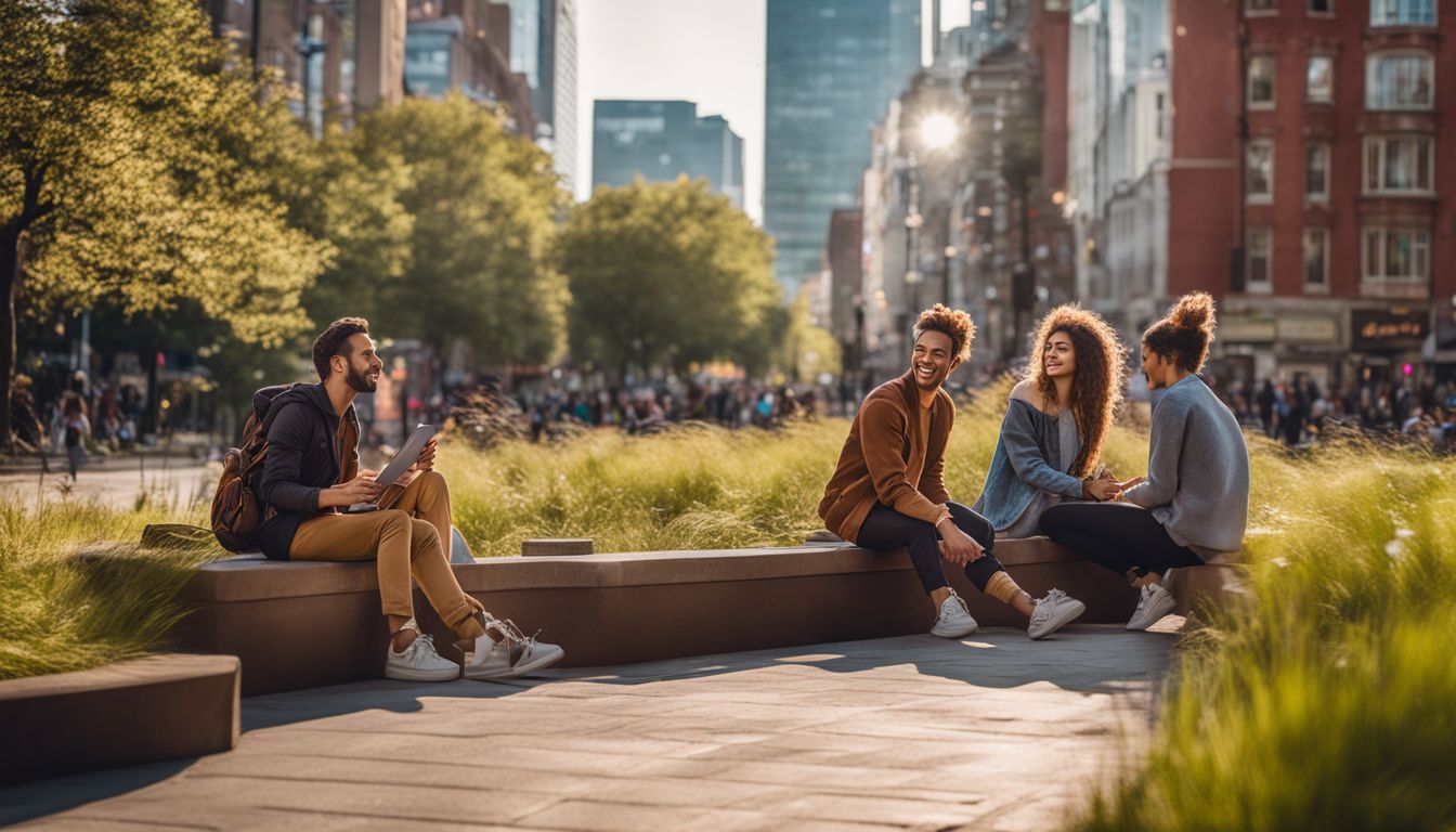 A diverse group of people enjoying outdoor activities in an urban park.