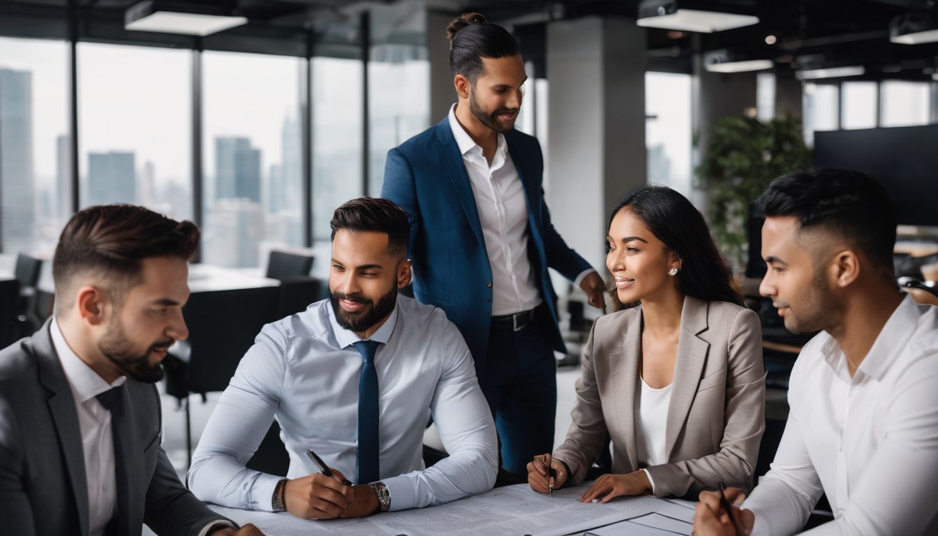 A group of diverse real estate agents discussing property plans.