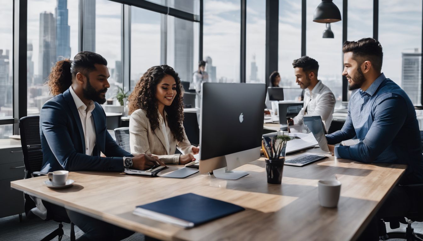 A diverse group of professionals working together in a modern office space.