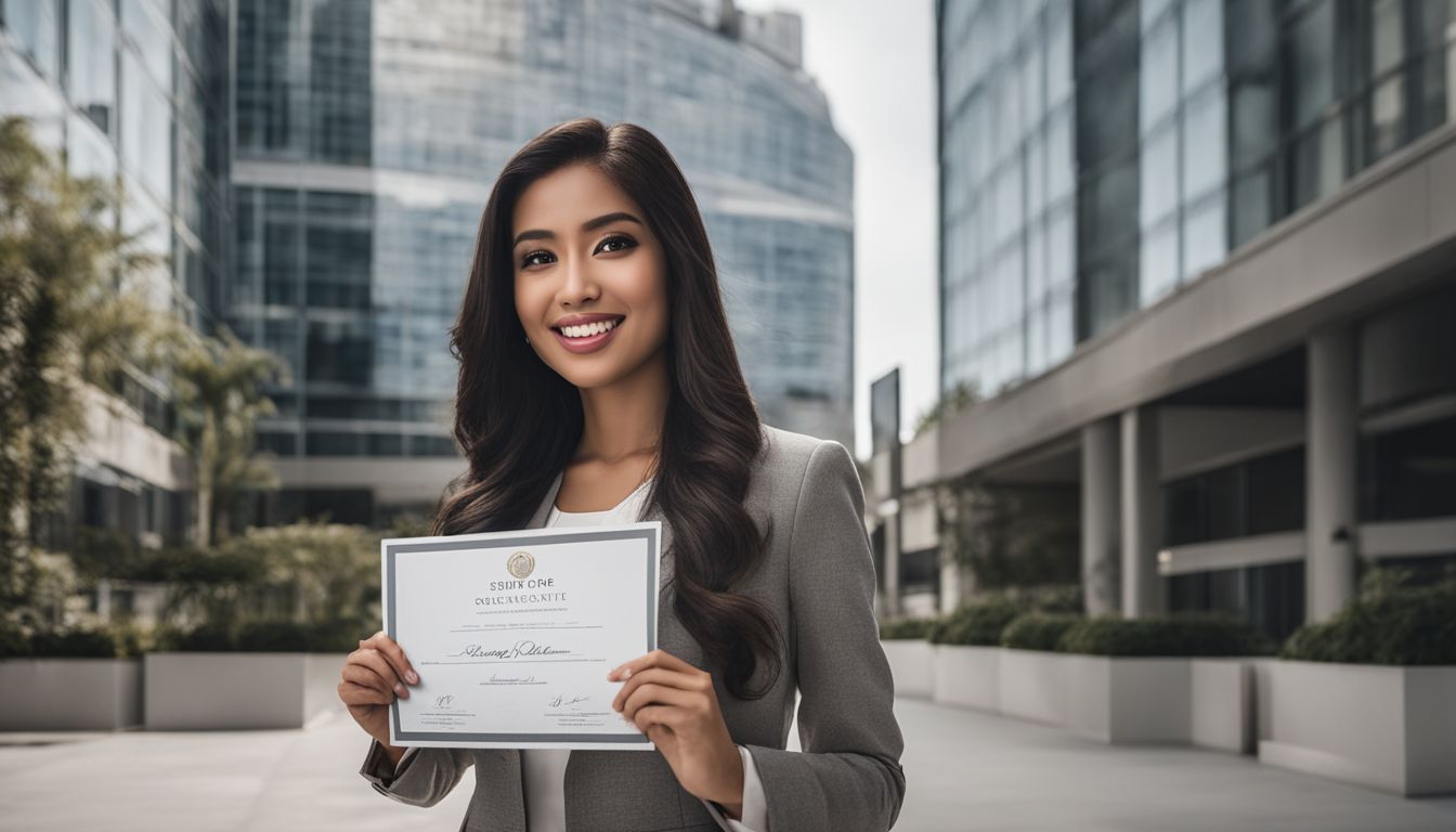 A real estate agent proudly holds a license certificate in front of a modern office building.