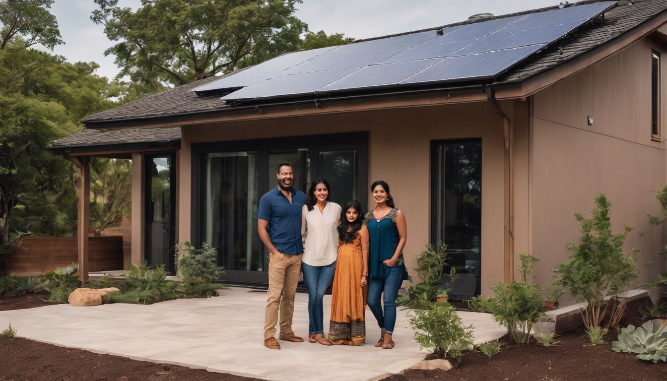 A family stands in front of their energy-efficient home surrounded by sustainable features.