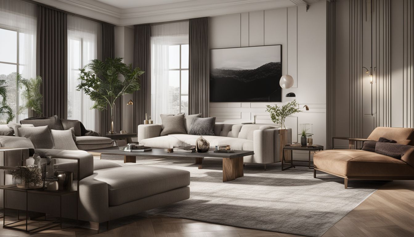 A modern living room showcasing virtual staging capabilities with detailed features.