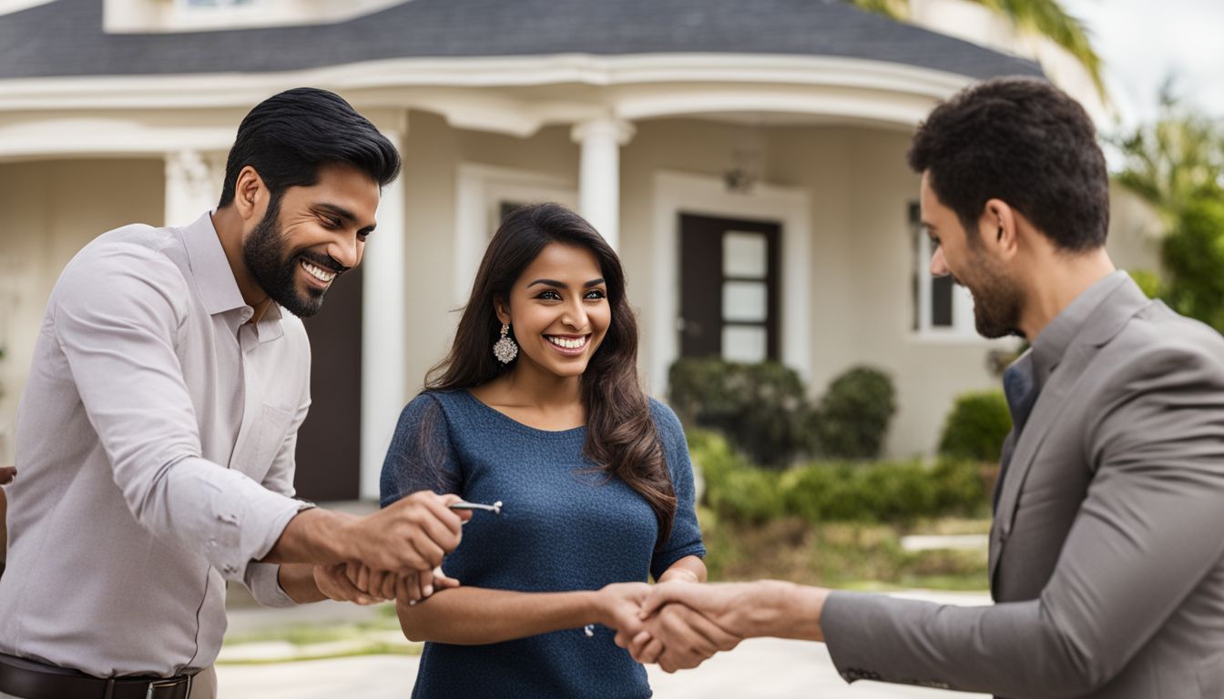 Realtor handing keys to happy couple in diverse neighborhood.