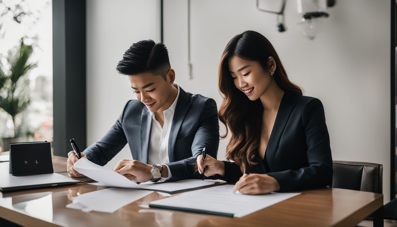 A Vietnamese couple signing mortgage documents in a real estate office.