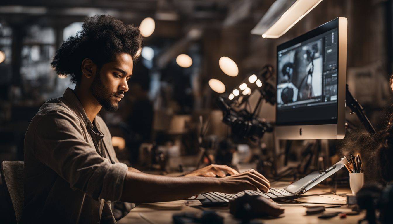 An artist working on a computer surrounded by digital tools and models.