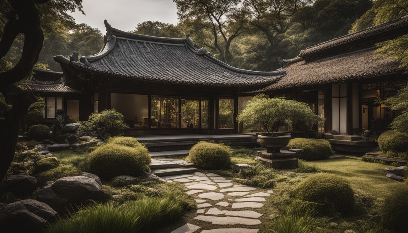 A serene garden with a traditional East Asian-inspired house.