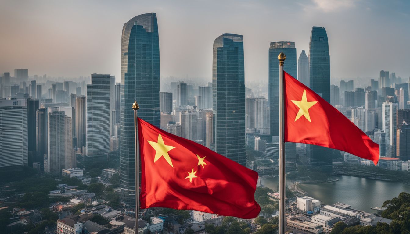 A vibrant cityscape with diverse people and a Vietnamese flag.