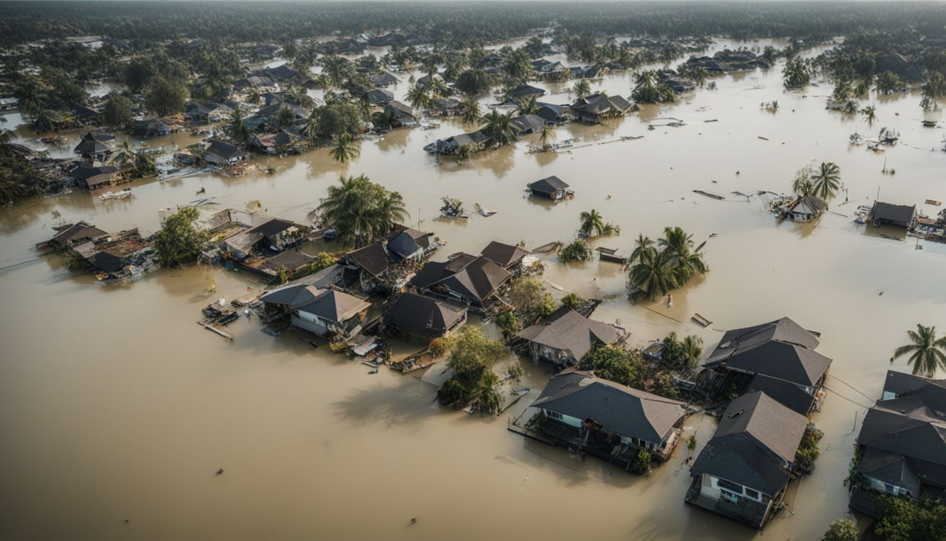 Aerial photo of a flooded neighborhood with damaged homes and debris.