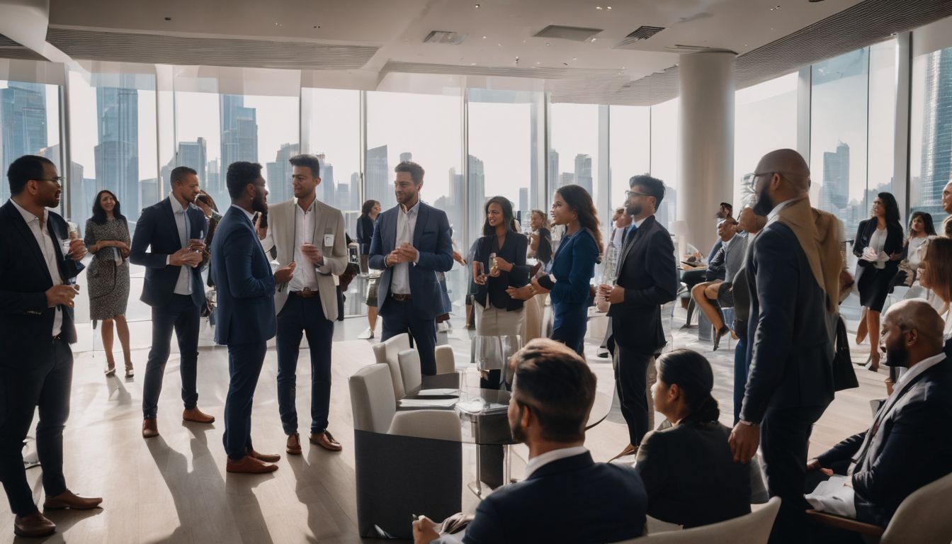 A diverse group of professionals networking at a conference.