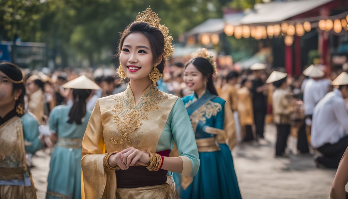 A Vietnamese cultural festival with vibrant decorations, performances, and diverse participants.