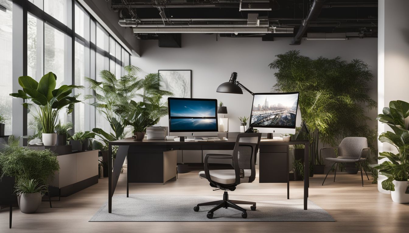 A modern office space with a diverse group of people and plants.