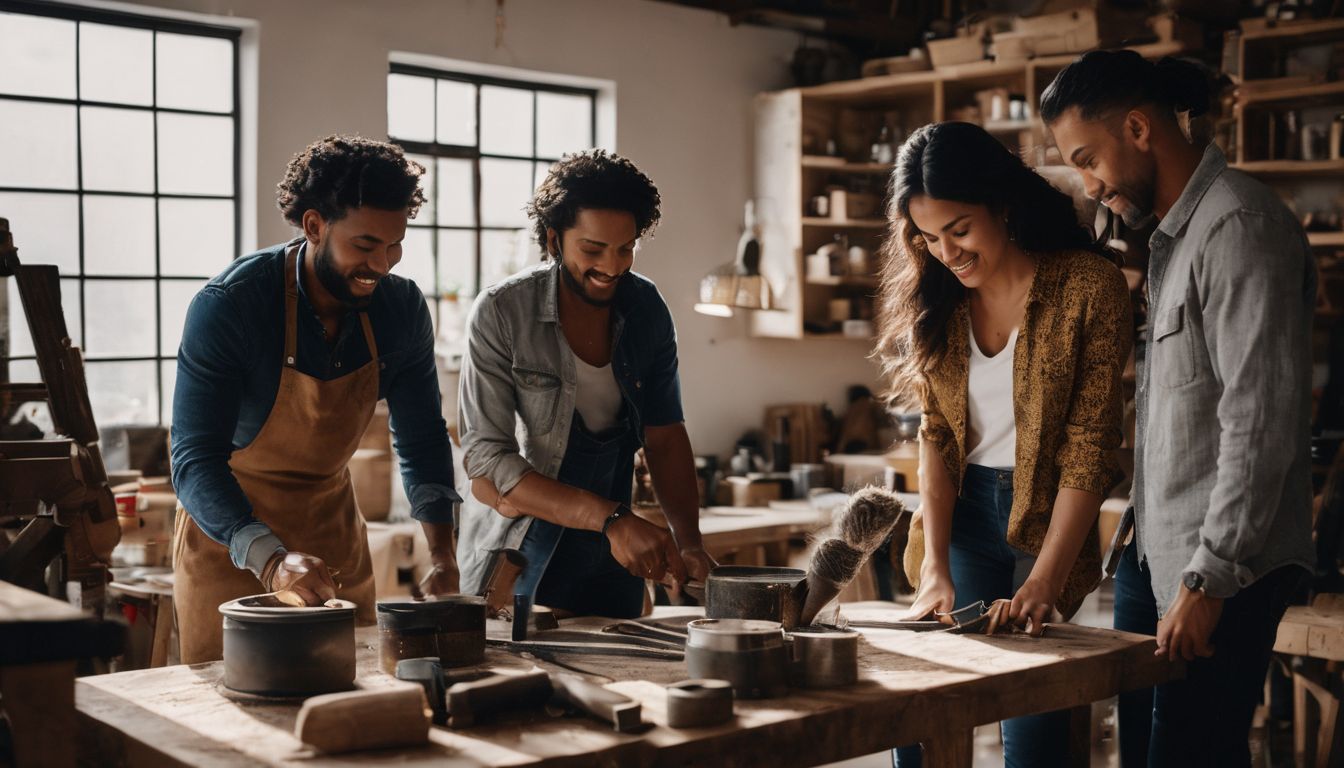 A diverse group of homeowners using tools in a workshop.