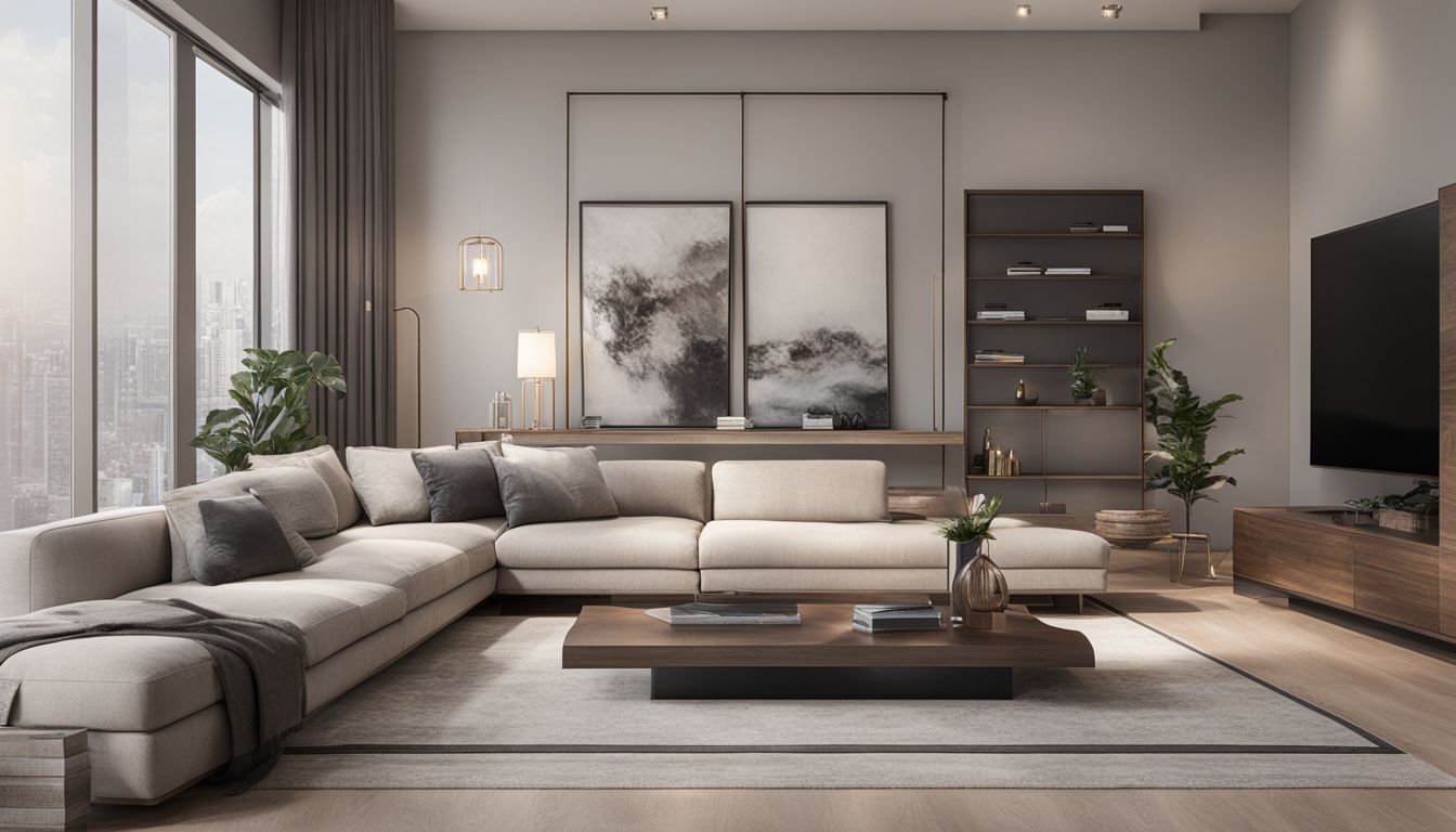 An empty living room virtually staged with modern furniture and decor.