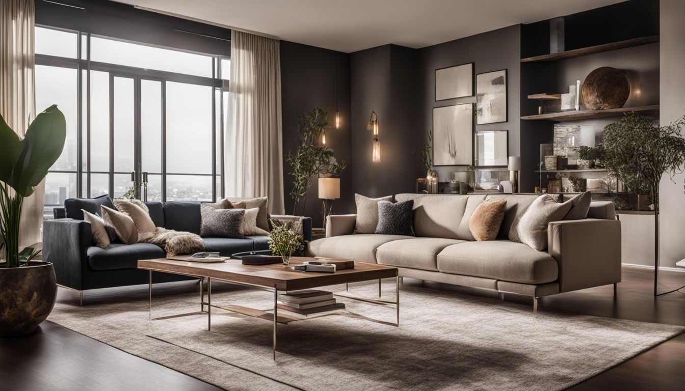 A modern living room with stylish furniture and diverse people.