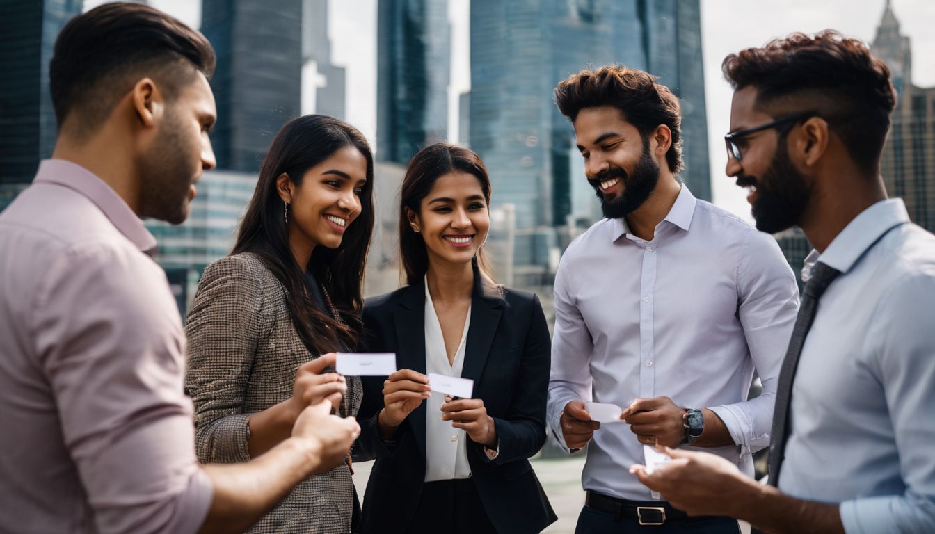 A diverse group of professionals exchanging business cards in a bustling atmosphere.