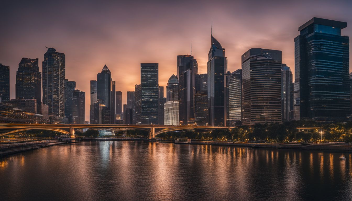 A diverse city skyline at sunset with bustling atmosphere and sharp focus.