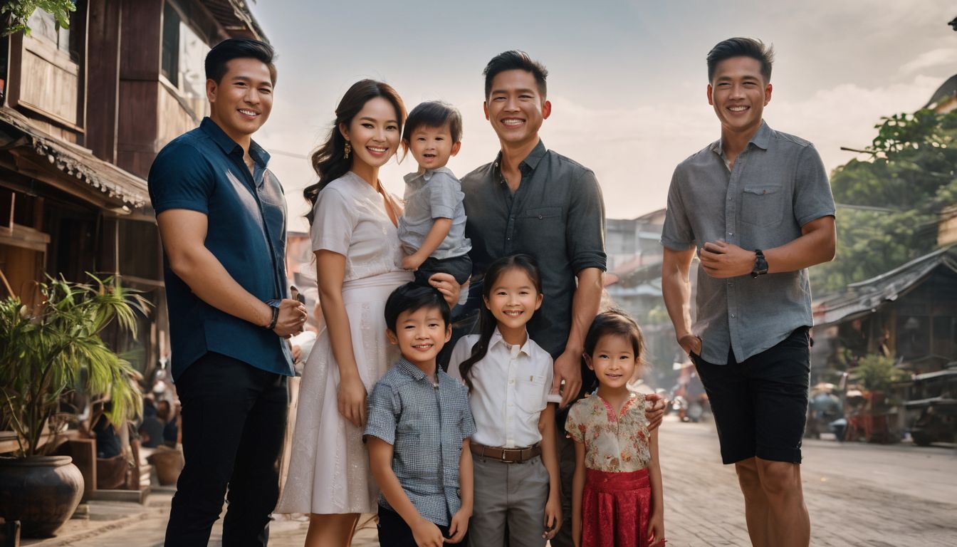 A Vietnamese family celebrates outside their new home in a bustling city.