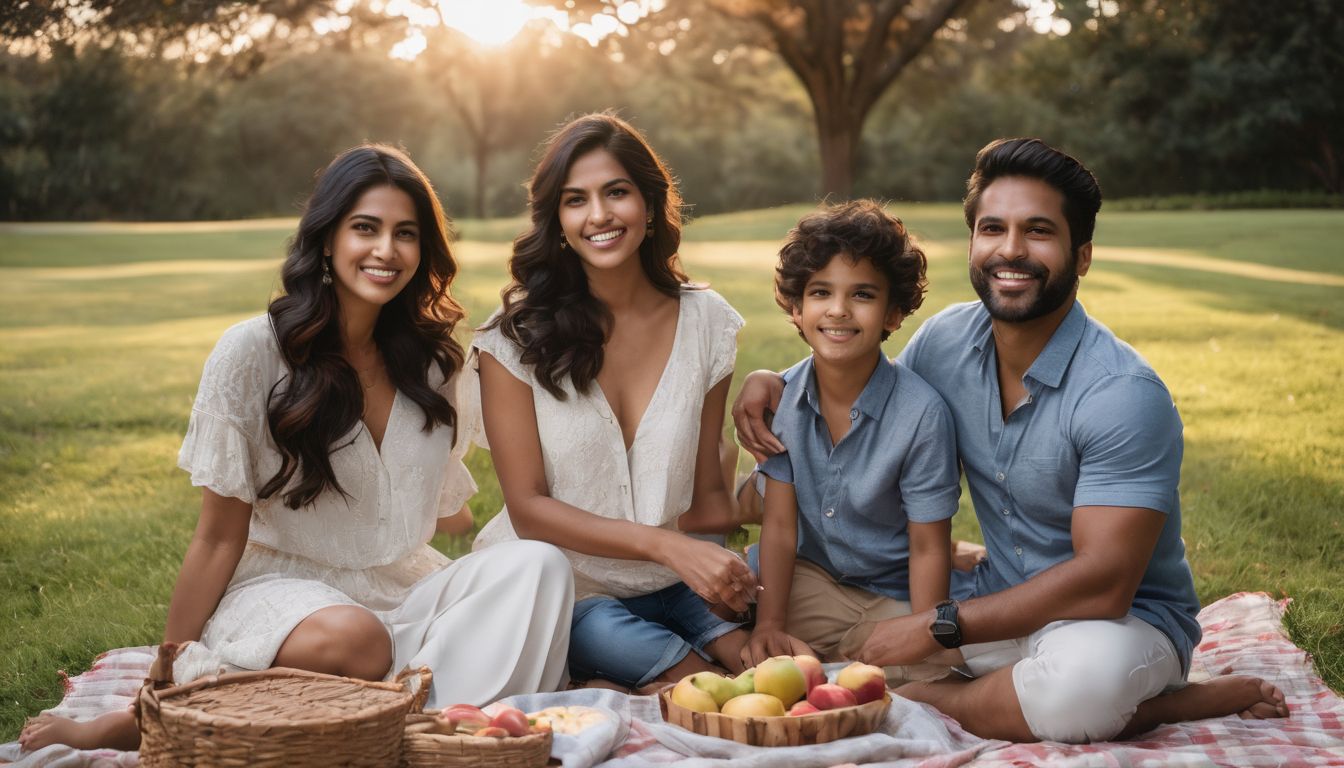 A family of four enjoying a picnic in a beautifully maintained backyard.