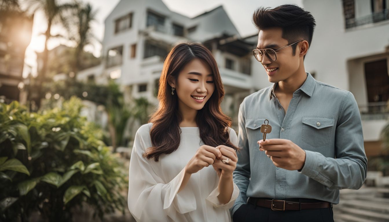 A Vietnamese couple proudly holds a key to their new home.