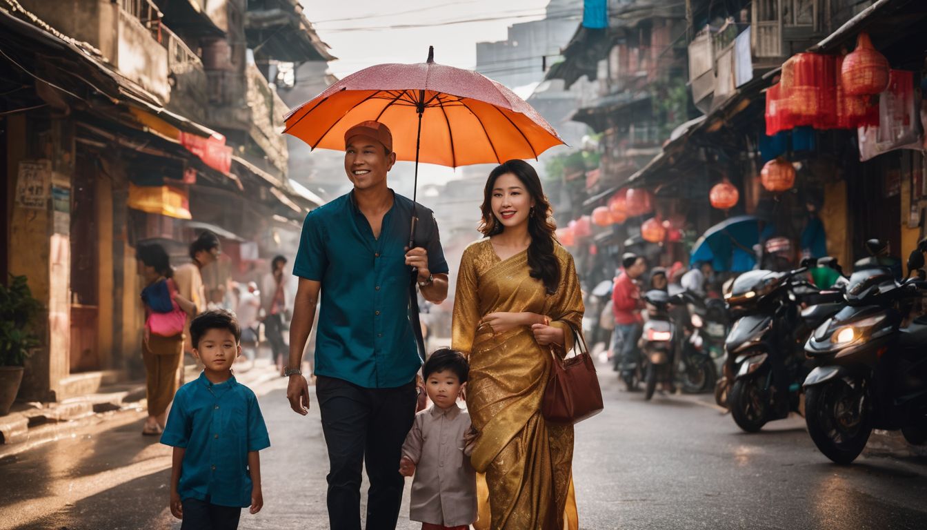 A Vietnamese family stands under an umbrella in a vibrant city.