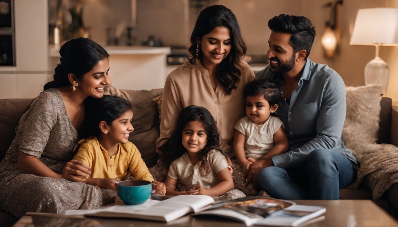 A South Asian family enjoying a cozy evening indoors surrounded by energy-efficient appliances.