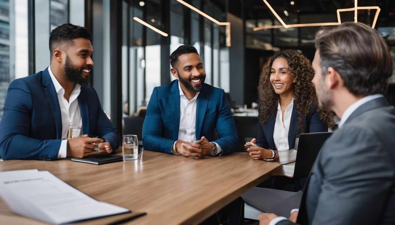 A diverse group of business professionals discussing investment opportunities.