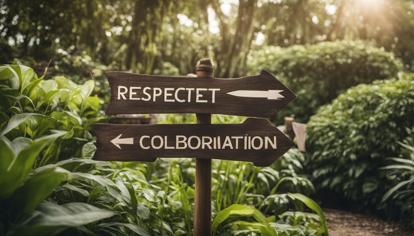 A rustic signpost in a garden pointing towards key values and photography.